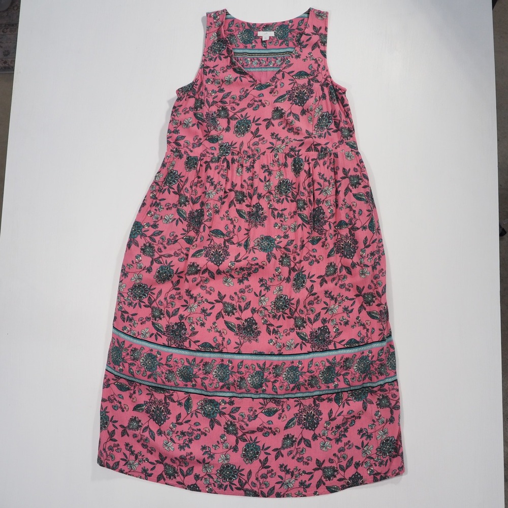 J Jill Dress Women Medium Petite Pink Blue Floral Sleeveless Tiered Midi Pockets